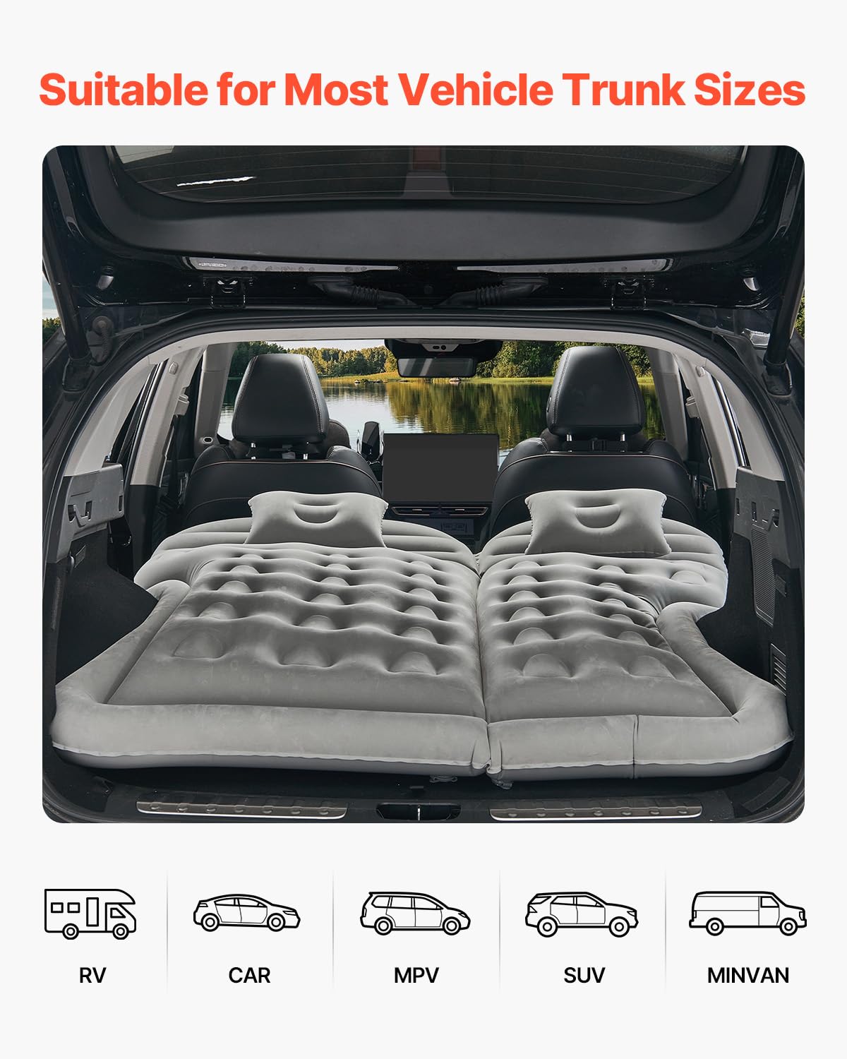 VEVOR Colchón Inflable, Grueso y Aterciopelado, Portátil Cómodo y Duradero, con Bomba de Aire, Boquilla y Bolsa de Transporte, para la Mayoría de SUV, MPV y Sedán, Gris, 1750 x 1330 x 150 mm