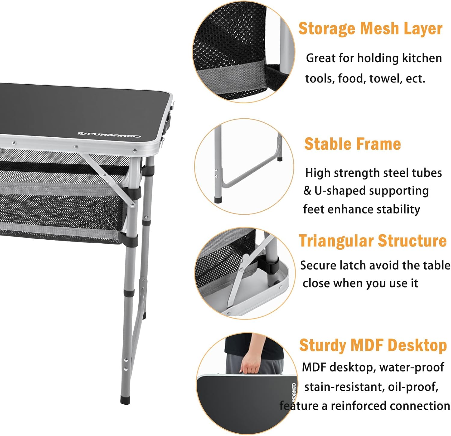 FUNDANGO Height Adjustable Portable Lightweight Folding Camping Table with Layer Mesh Storage Fold Up Foldable Collasible with Handle for Outdoor, Indoor, Beach, BBQ, Picnic,Travel : Sports & Outdoors