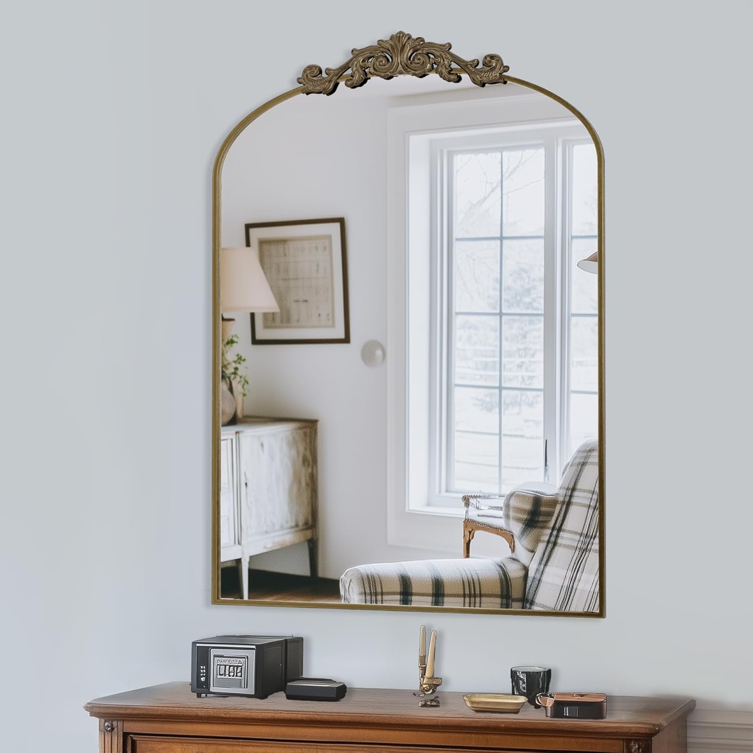 Arched Wall Mirror, 24" x 36" Vintage Carved Bathroom Mirror with Antique Bronze Aluminum Frame, Retro Decorative Wall Mirror for Bedroom, Living Room, Entryway, Fireplace & Hallway 36"L x 24"W Retro Style Bronze