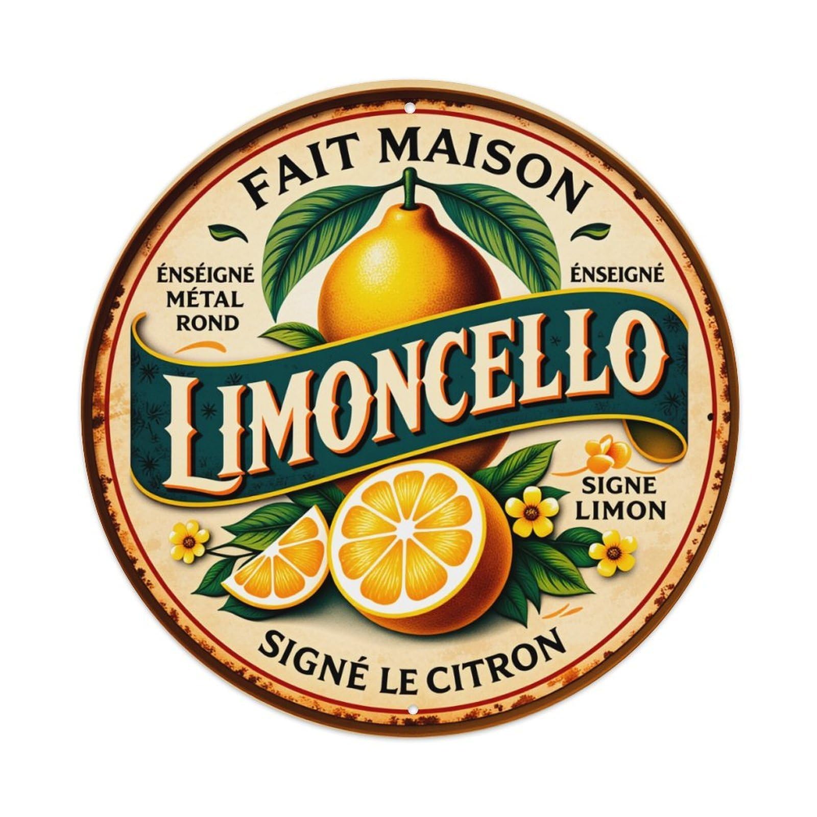 Wmlzdnwr Vintage Lemon Citrus Leaves Flowers Ribbon Text Round Tin Sign,Retro Wall Art,Metal Poster For Home, Bar, Garage, Cafe, Rustic Indoor & Outdoor Decor, 8X8 Inches