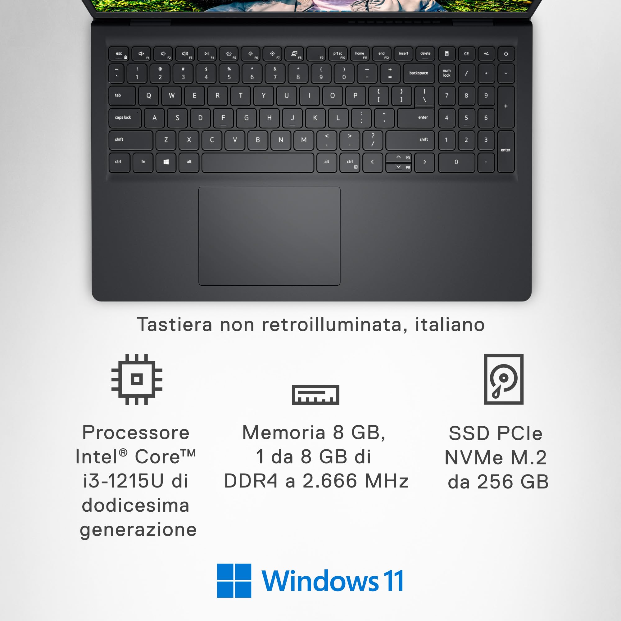 Dell Inspiron 15 3520 Notebook 15.6" FHD (1920 x 1080) Display, Intel Core i3-1215U, Intel UHD Graphics, 8 GB RAM, 256 GB SSD, Windows 11 Home, Italian Keyboard, Nero