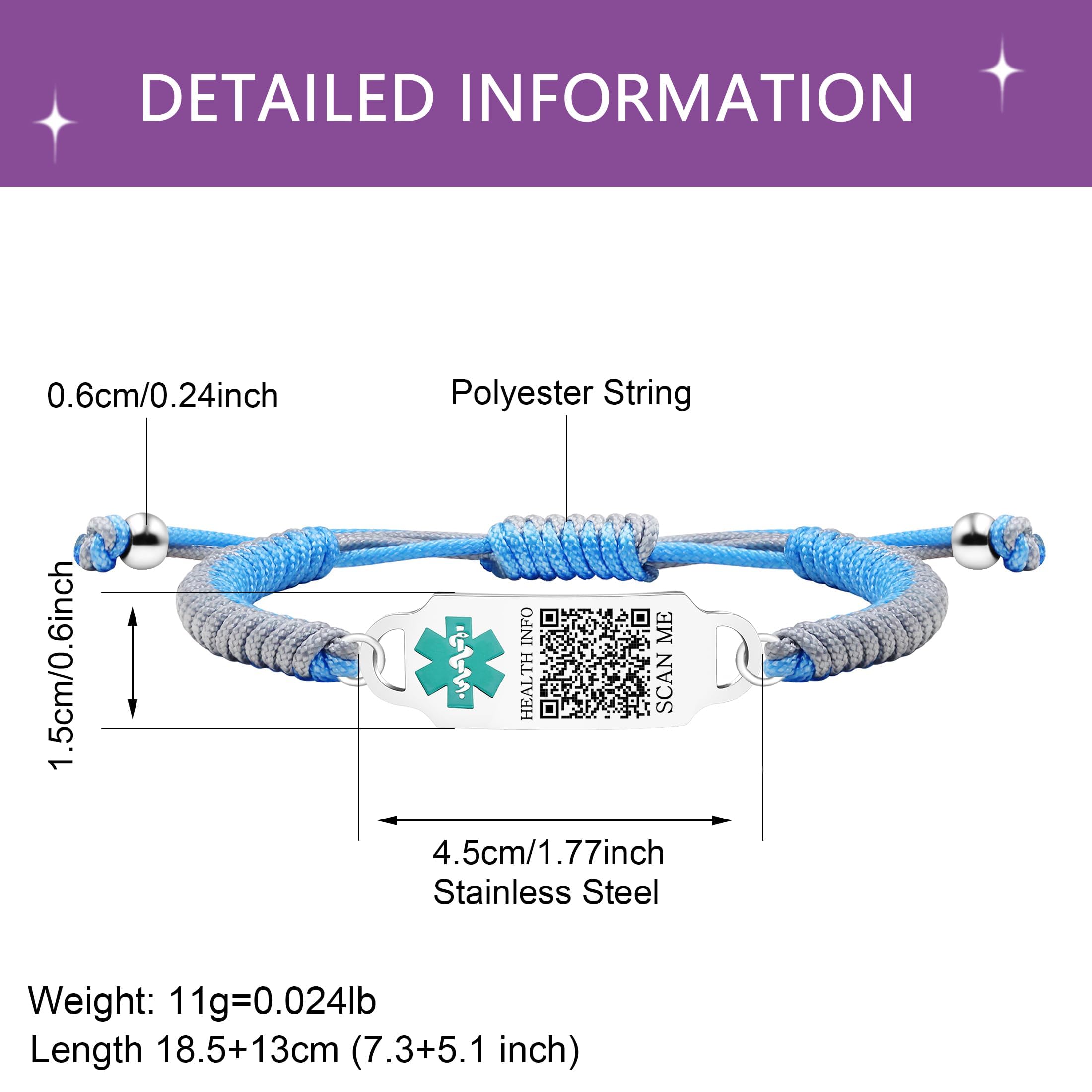 Armband mit QR-Code – Graviertes medizinisches ID-Band – Verstellbares, handgefertigtes Seilarmband für Diabetes, Herzerkrankungen, Allergien – YA5657
