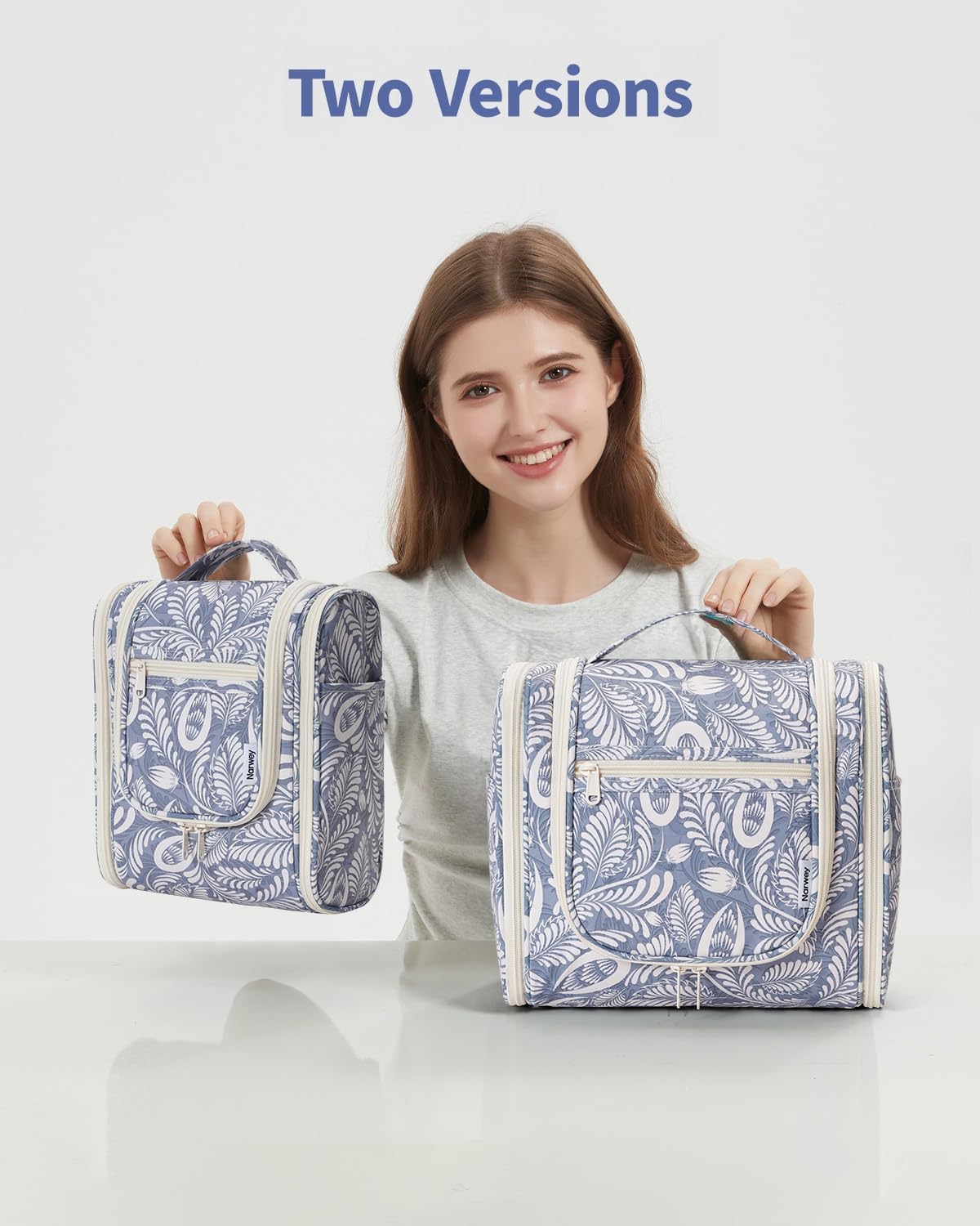 Narwey Small Hanging Toiletry Bag Women Travel Makeup Bag Organizer Toiletries Bag for Travel Size Essentials Accessories Cosmetics (Medium, Blue Leaf) - Image 7