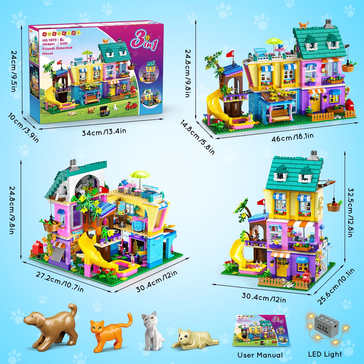 HOGOKIDS Friends Mädchen Familienhaus Bausteinset mit Licht & 4 Tierfiguren | 3 Bauvarianten Freunde Spielset mit Garten, 1154PCS Häus mit Baumhaus, Geburtstagsgeschenk für Mädchen Jungen ab 8 Jahren