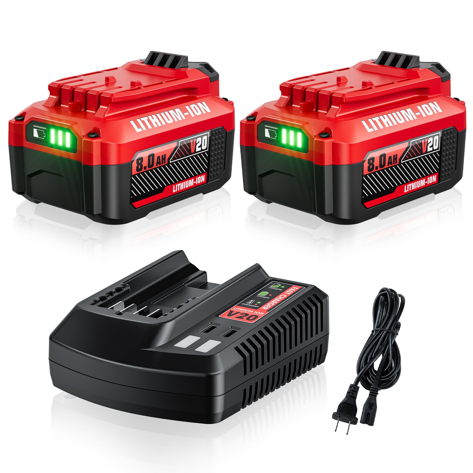 POWTREE 2Pack Replacement for Craftsman V20 Battery and Charger Combo Compatible with Craftsman 20V Battery Lithium CMCB205 CMCB204 CMCB201 CMCB202 CMCB206 CMCD700C1 CMCS500B 20 Volt Power Tools