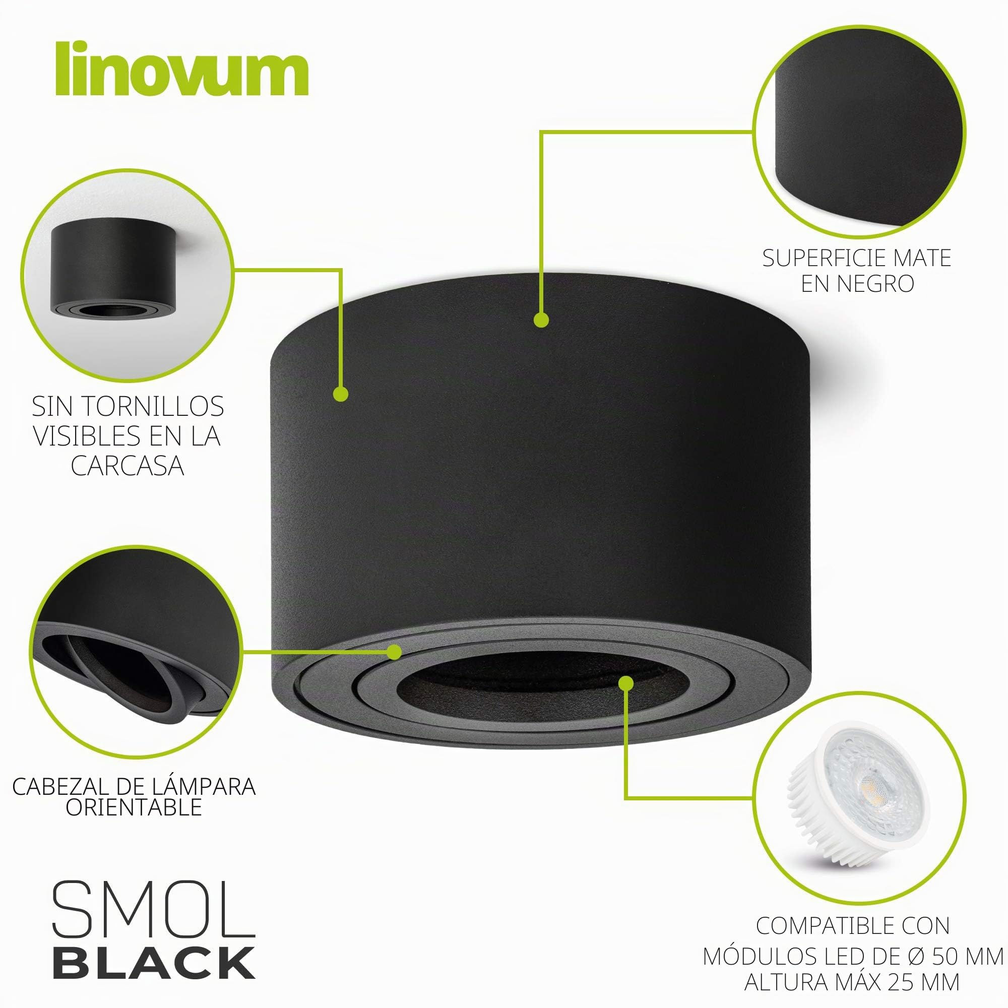 linovum SMOL Foco de superficie, 4 unidades, orientable, redondo y extraplano, en negro mate, con diámetro de 80 mm, para módulos led