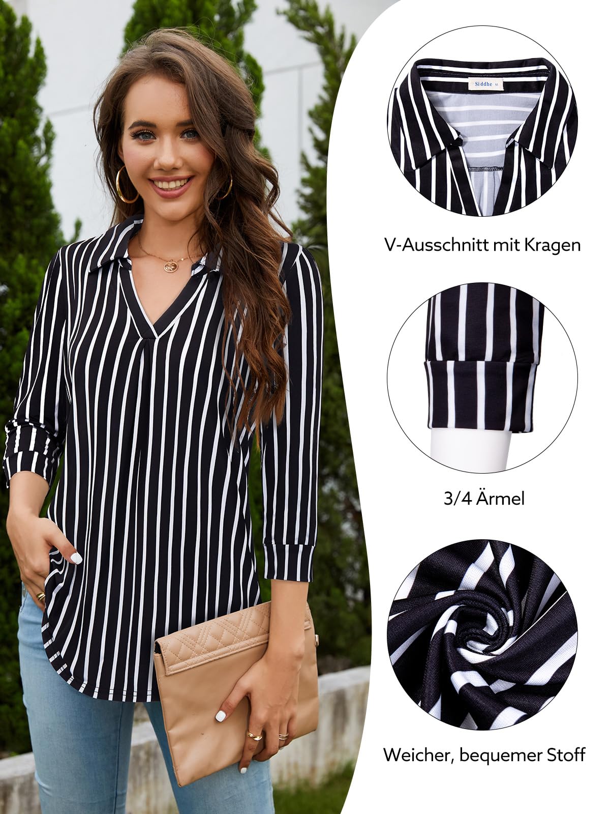 Siddhe Damen V-Ausschnitt Bluse 3/4 Ärmel Oberteile Tunika Tops Locker Longshirt Lässige T-Shirt Langarm Hemd
