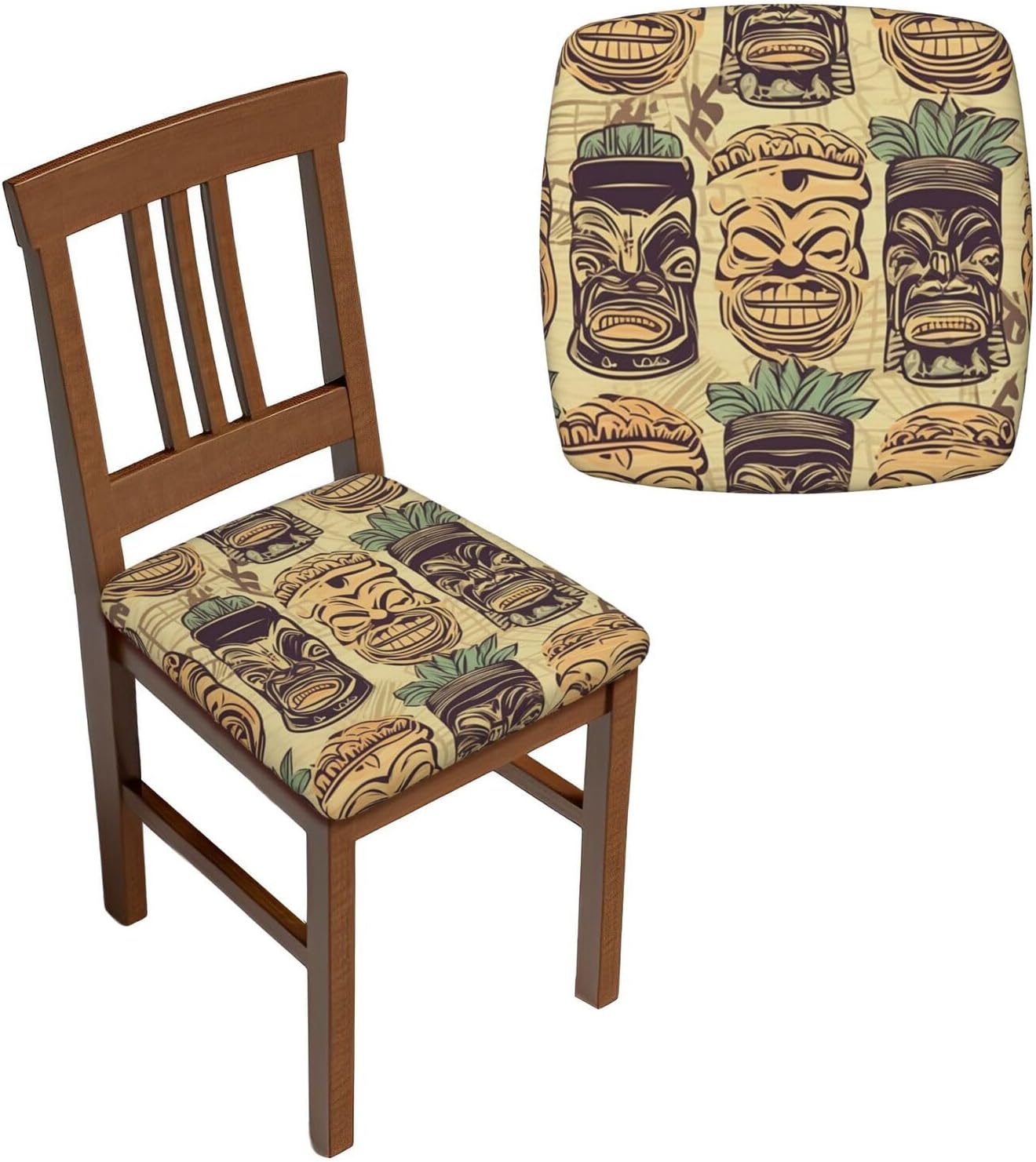Six Piece Chair Covers Seat Set Vintage Aloha Tiki Pattern Elastic Dining Chair Cover Washable Chair Seat Protector Soft Removable Stretch Slipcover for Dining Chairs Covers