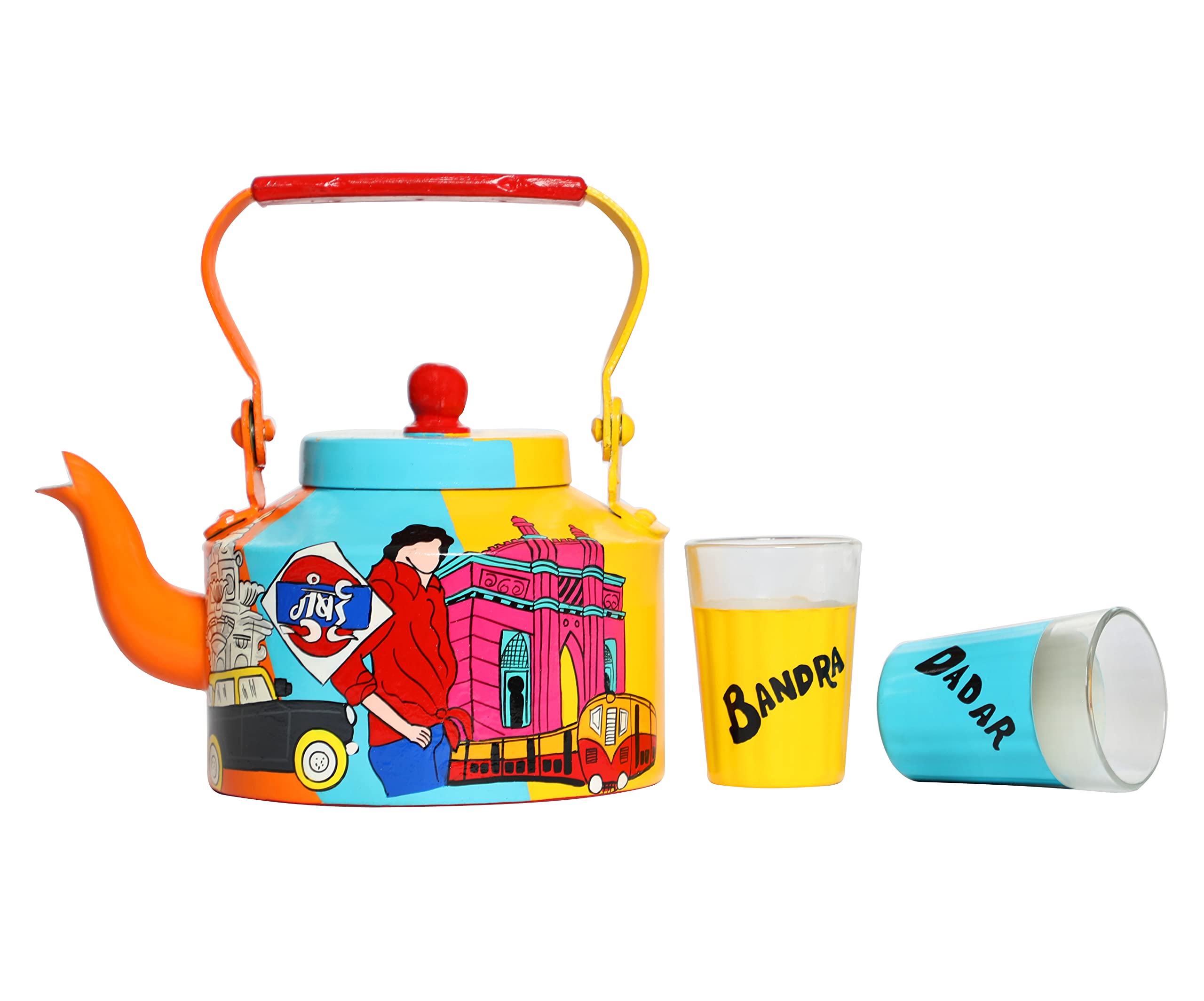 TopsyTurvy Aluminium Kettle and 2 Tea Glasses (Multicolour) - Set of 2 1