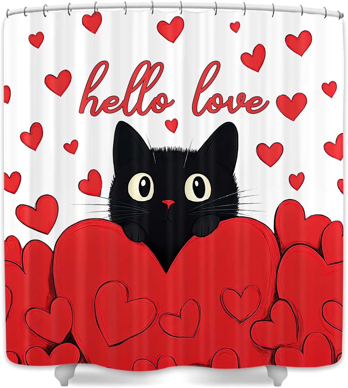 DYNH Valentine's Day Cat Shower Curtain for Bathroom Decor, Valentines Shower Curtain, Lovely Sweet Black Cat Red Hearts Fabric Bath Curtains with Hooks for Lover Couple,72X78IN