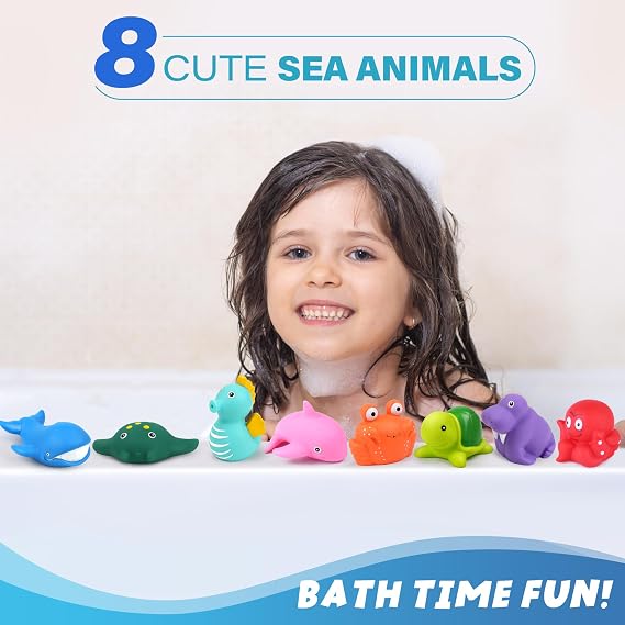 LotFancy Bath Toys, 8 Pack Mold Free Bath Toys for Kids Ages 1-3, No Holes Baby Bath Toys for Toddlers 2-4, Ocean Sea Animal Bathtub Toys, Soft Floating Pool Water Table Toys