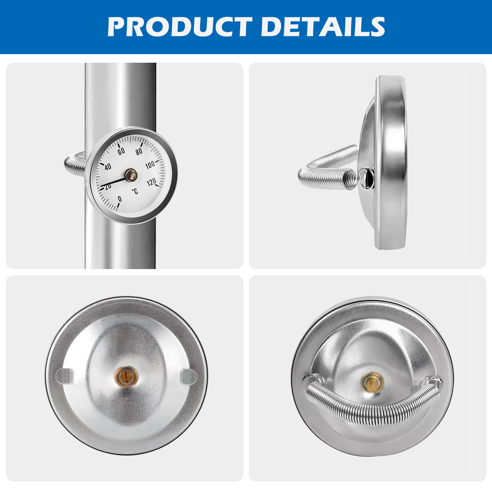 6 Stück Anlegethermometer, 63 mm 0-120 °C Anlegethermometer Heizungsrohr mit Clip-On Feder, Bimetall Anlegethermometer Thermometer, Kaminofen Rohr Thermometer für Heizanlagen und Kessel
