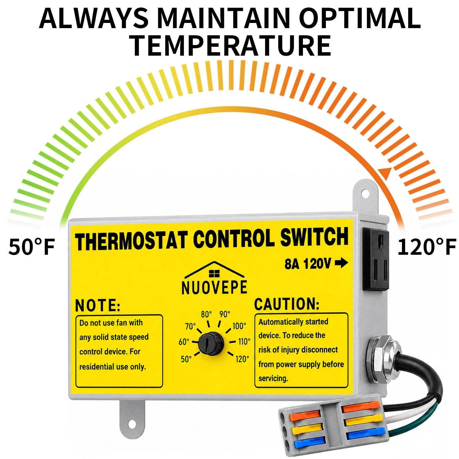 Termostato di controllo della ventola da soffitta con presa e connettore a filo, termostato plug-in regolabile con protezione da sovraccarico, controller compatibile con doppia ventola per