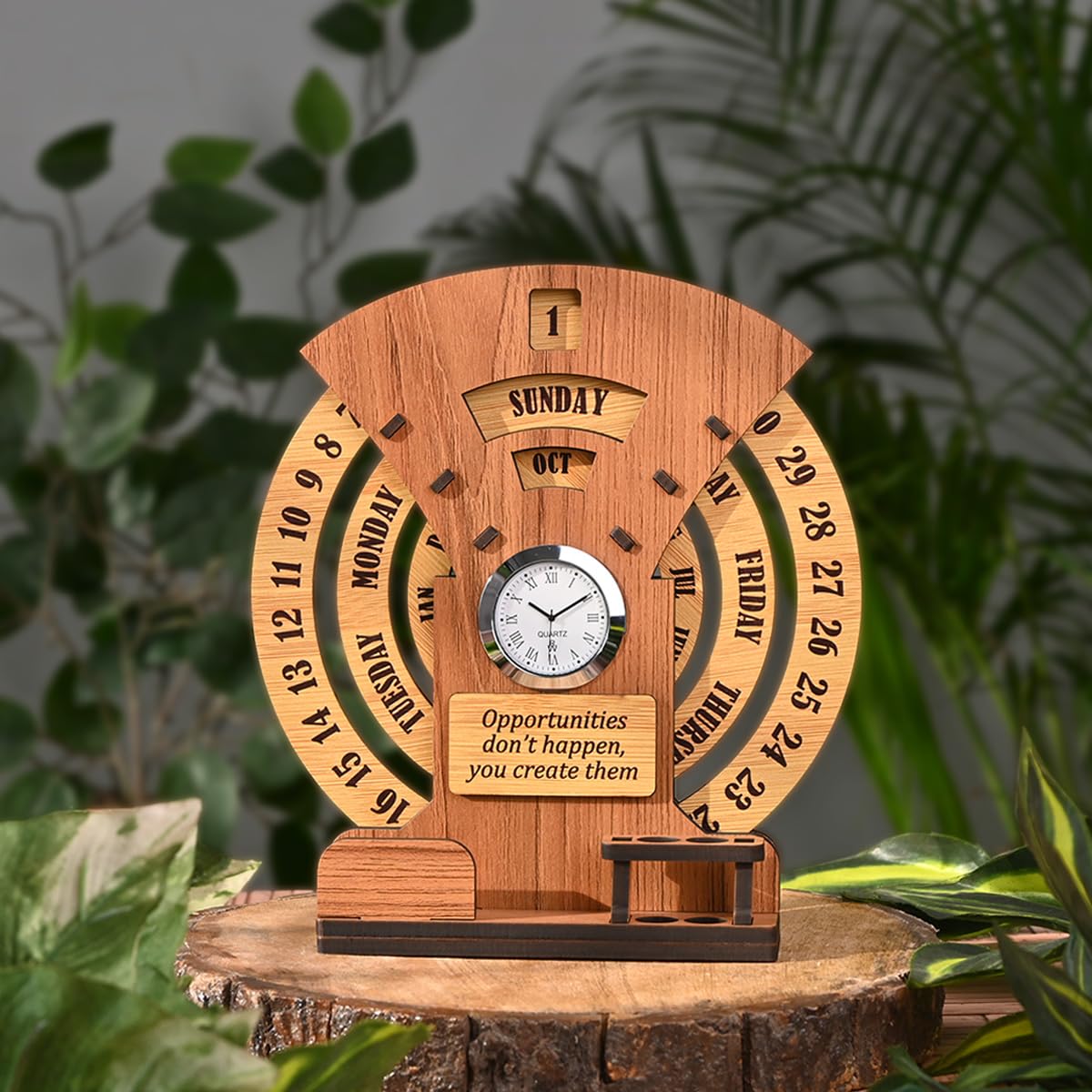 Gift Kya De Calendar Of Lifetime Desk Calendar With Desk Organizer And Clock Wooden Premium Antique Look For Office Decor Home,Corporate Gifts (Dark Wood Eco Friendly)