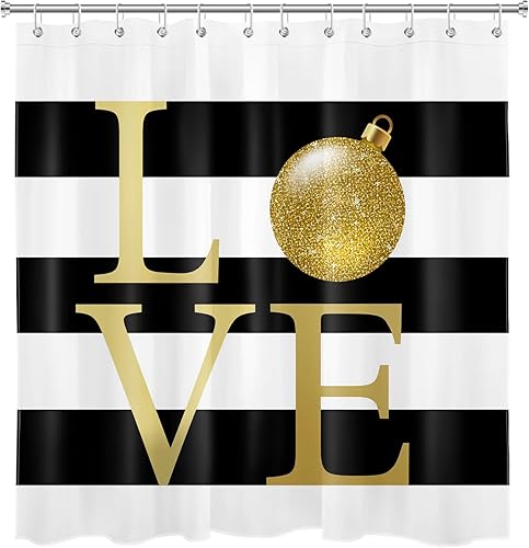 Miniatura 6 de LB Christmas Shower Curtain Sets with Rugs Gold Xmas Ball and Funny Quotes on Black and White Striped Fabric Shower Curtain with Hooks New Year