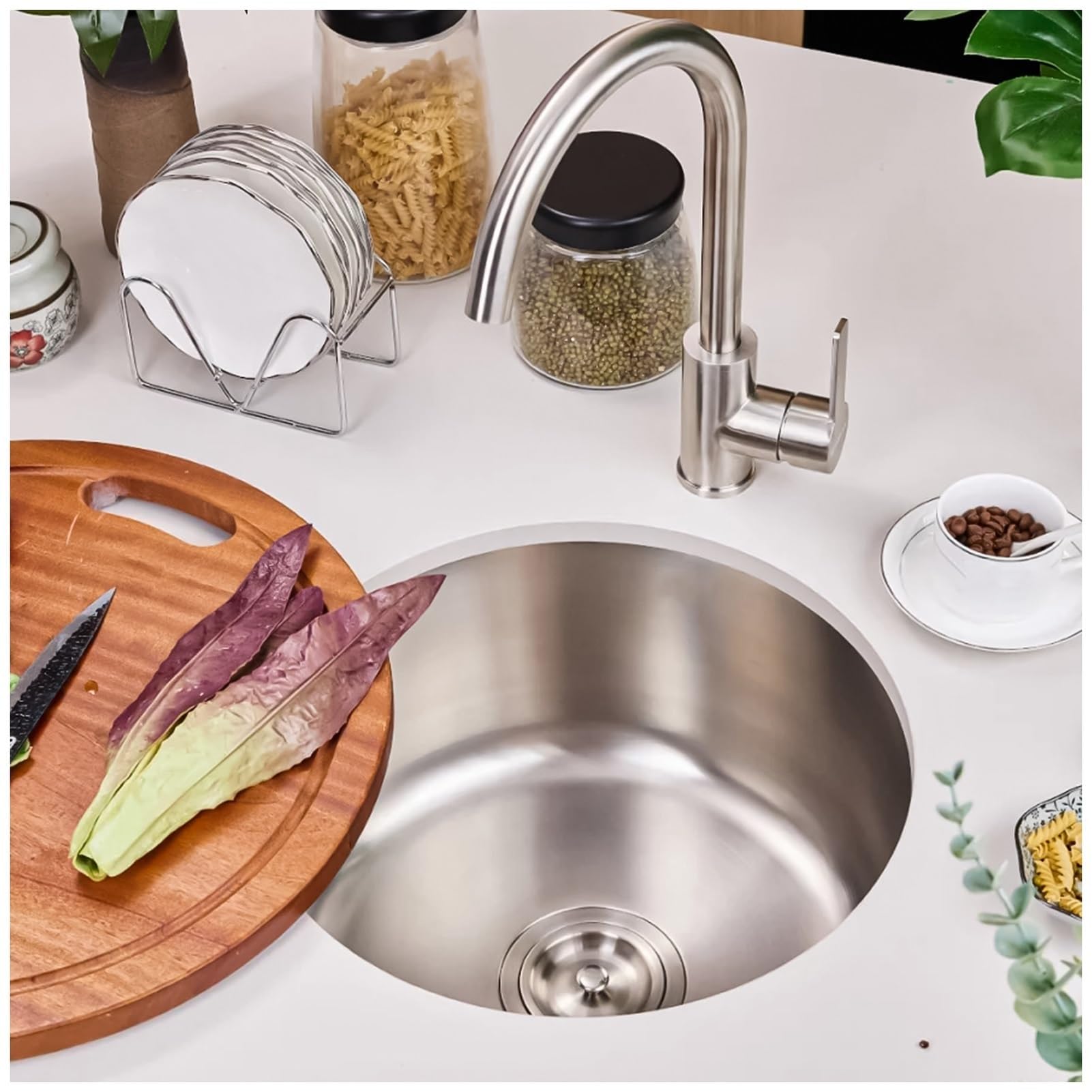 ZQFHSX Round Prep Basin, Stainless Steel Single Bowl Kitchen Sink, 32cm Small Bar Sinks with Drainpipe Fitting for Hospitality Apartments Dormitory(Silver,36x36cm)