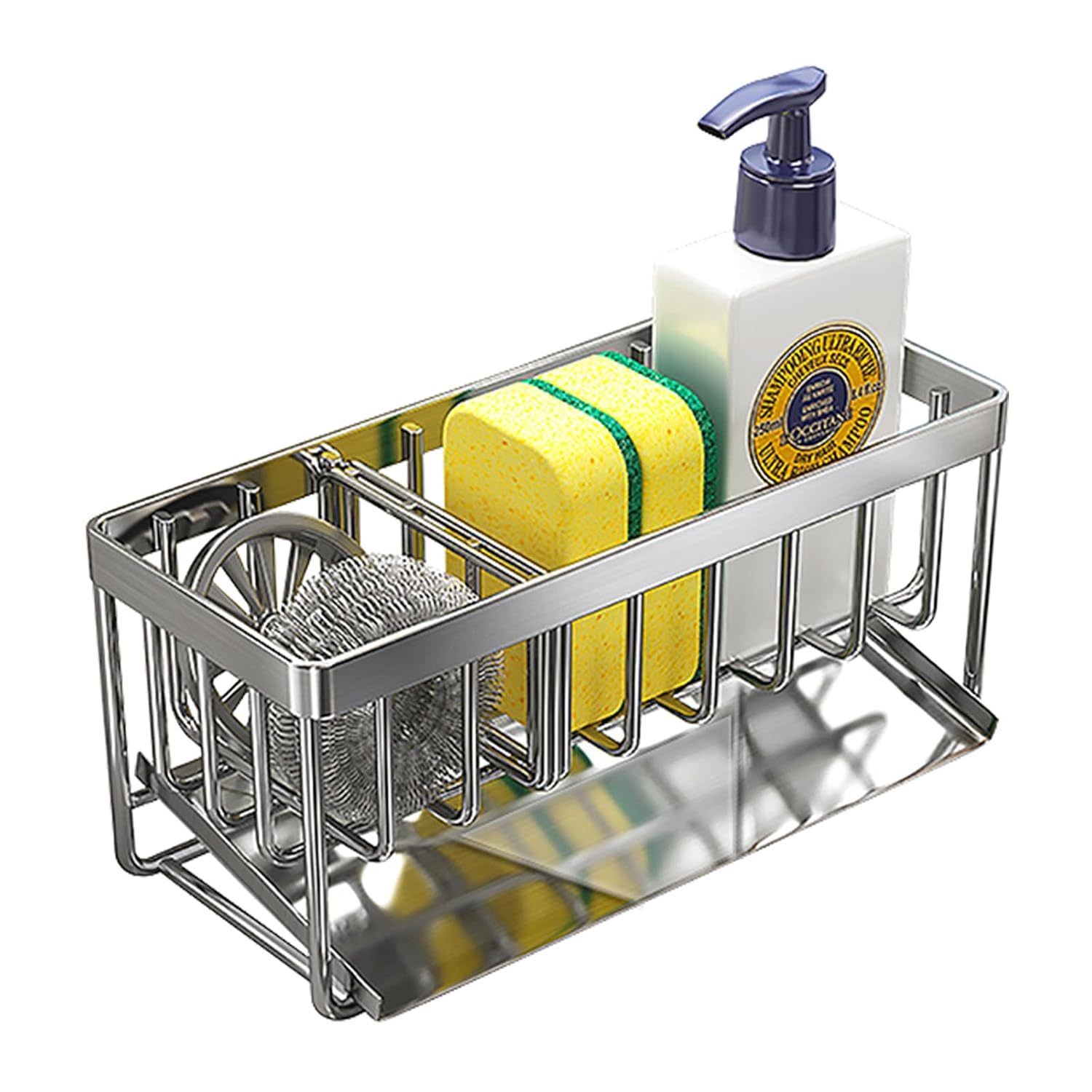 Sink Caddy Sponge Holder for Kitchen 18 8 Stainless Steel Self Drain Tray Soap holder with Divider Silver