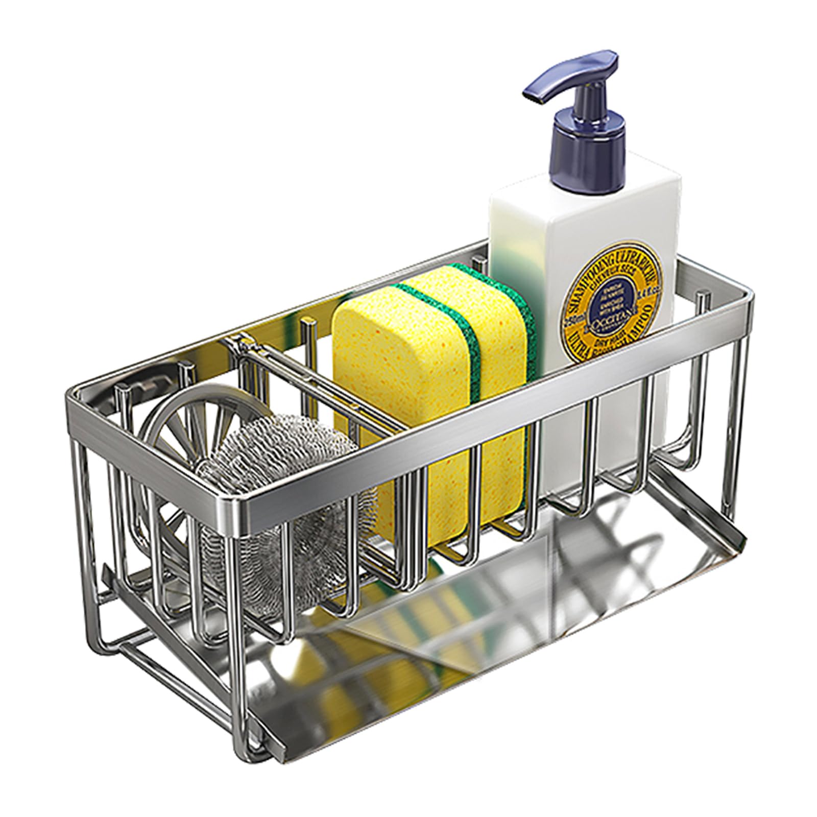 Sink Caddy Sponge Holder for Kitchen 18 8 Stainless Steel Self Drain Tray Soap holder with Divider Silver