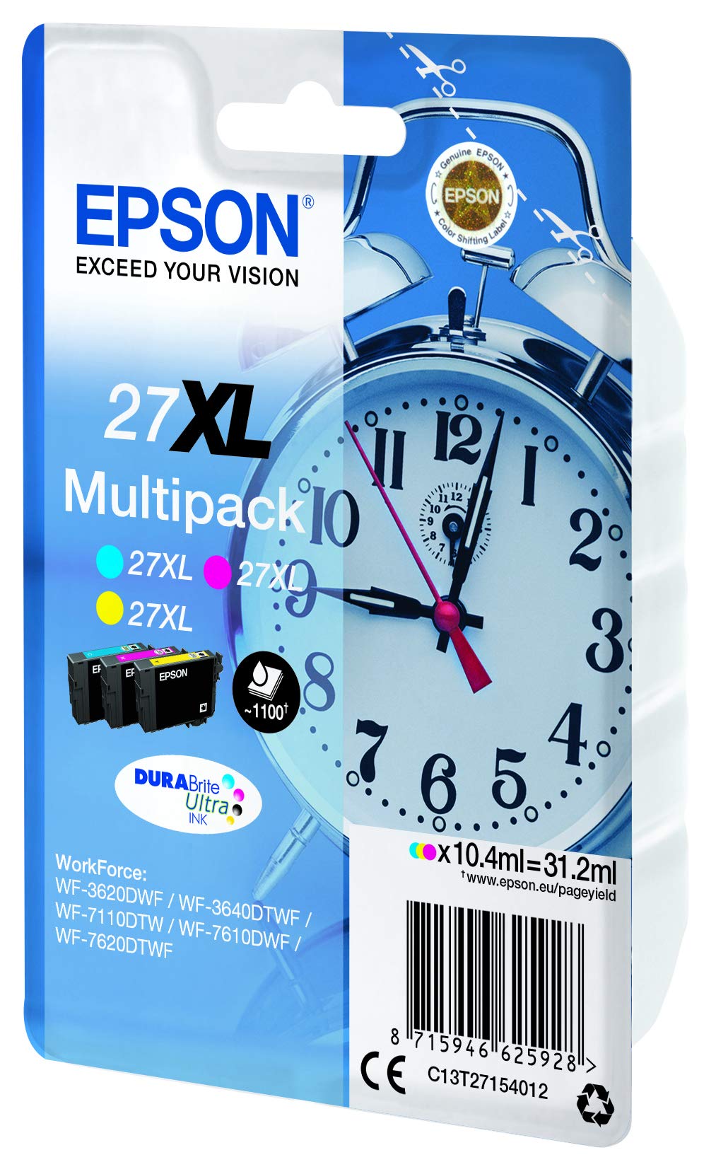 Epson Sveglia Serie 27XL, DURABrite Ultra Ink, Multipack 3 colori, Ciano, Magenta, Giallo, Formato XL