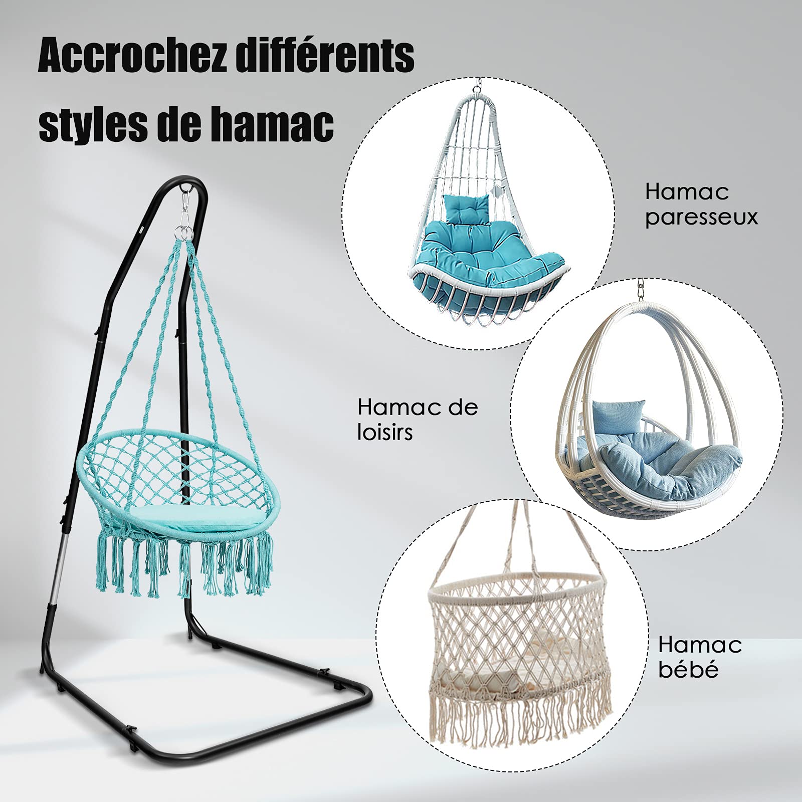 COSTWAY Support pour Fauteuil Suspendu 195-235cm Cadre en Acier avec Crochet de Sécurité Pieds Antidérapants Fixations Verrouillable sans Hamac pour Chambre Véranda Cour Noir