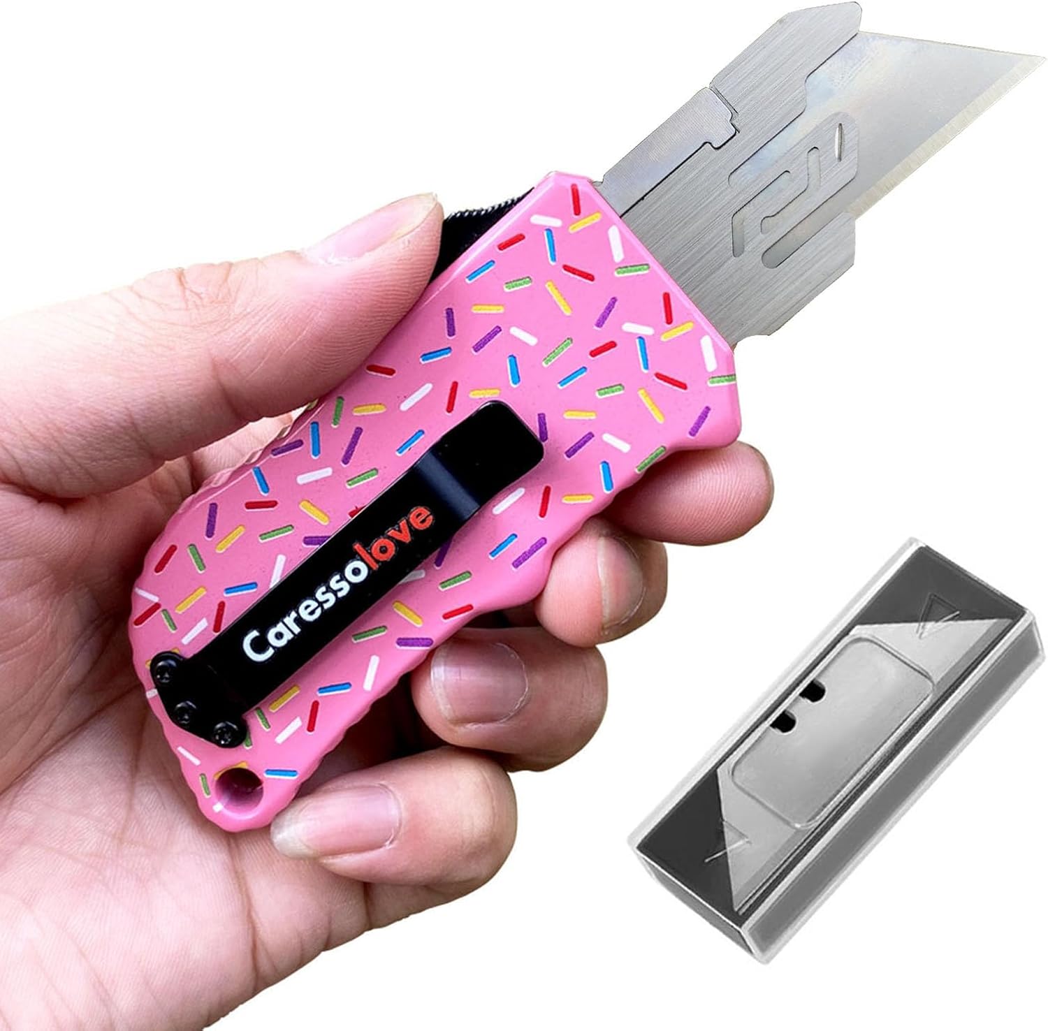 Caressolove Automatic Utility Knife, Green Razor Blades Pocket Knife, Box Cutters Retractable Heavy Duty, Premium Safety Push Button Knife with 5PCS Blades (Blue)