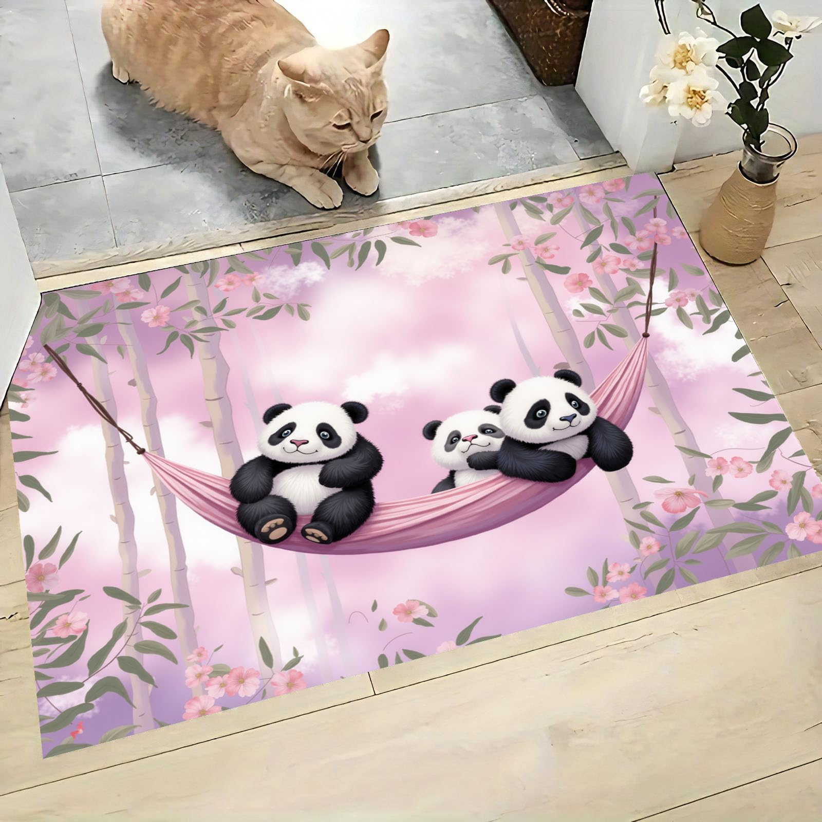 Paillasson d'entrée antidérapant pandas fini les glissades sur le sol rose
