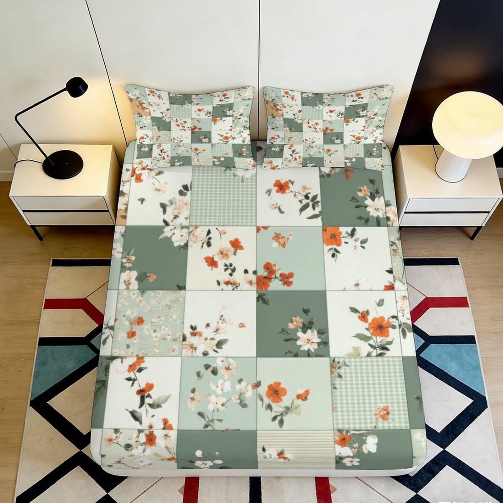 3D Printed Floral Patchwork Fitted Sheet Microfiber Soft Breathable Checkered Bed Cover for Bedroom Dormitory Guest Room Mattress Protection 120x200x25cm
