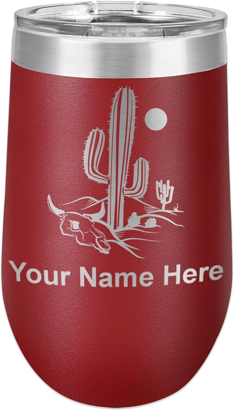 LaserGram 16oz Double Wall Stainless Steel Wine Glass Tumbler, Cactus, Personalized Engraving Included (Maroon)