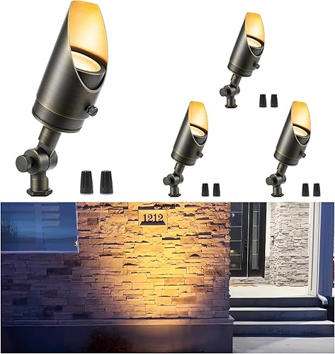 Gardenreet Iluminación de paisaje de latón  Focos de bajo voltaje para exteriores, luces LED de 12 V con cable, luces de punto impermeables, bronce