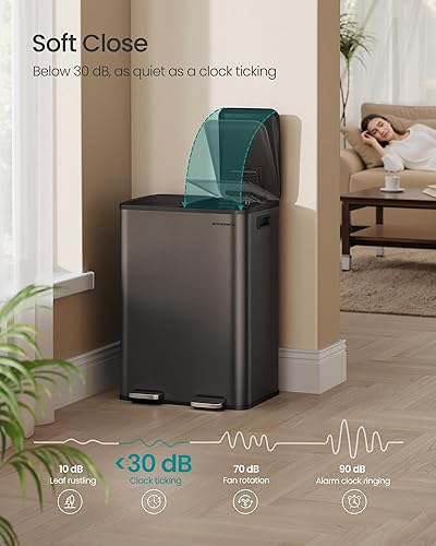 Miniatura 4 de SONGMICS Bote de basura, 2 x 8 galones (2 x 30 L) de doble compartimento con tapa de cierre suave, pedal y cubos interiores, acero inoxidable, Gris