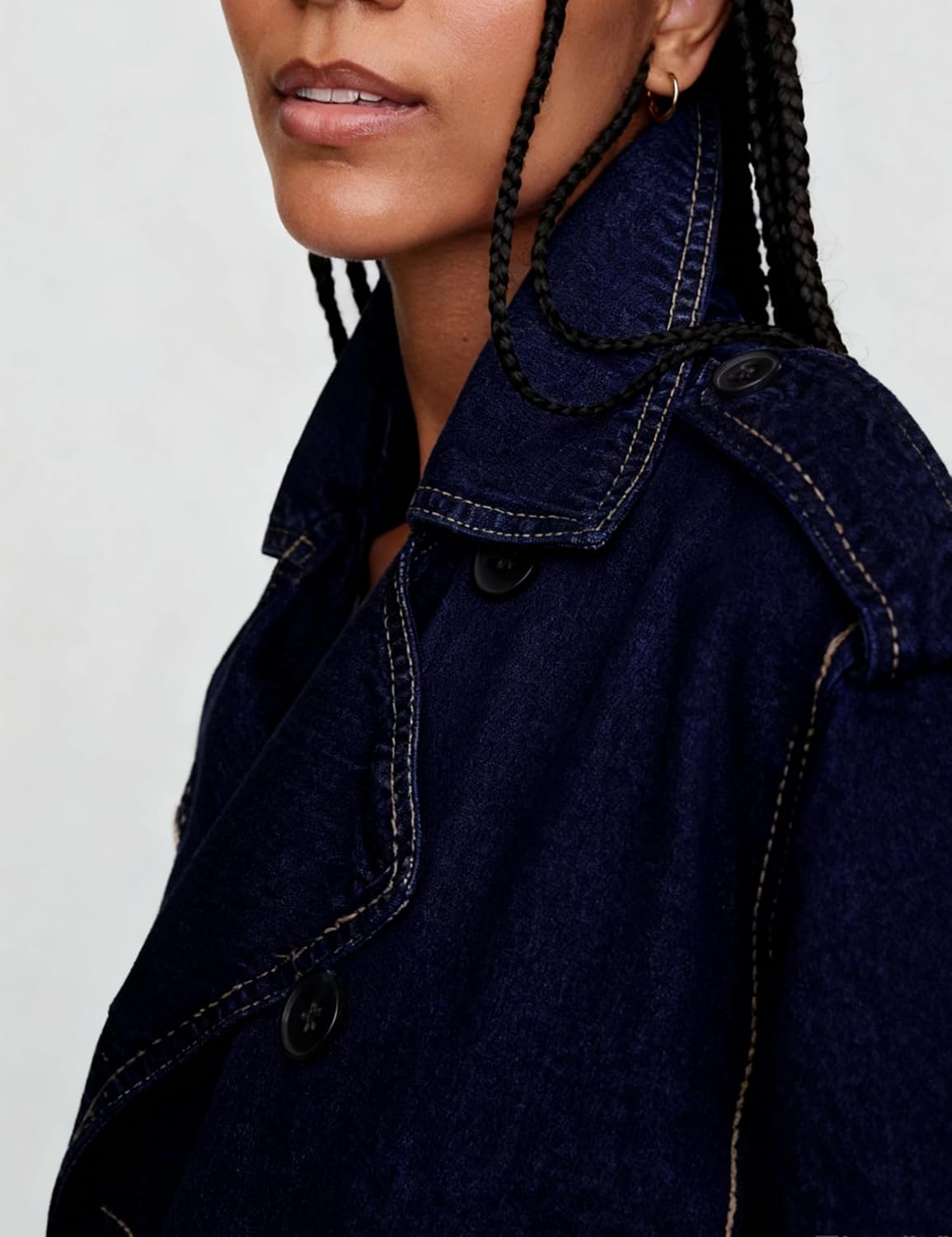 Majdan Women's Cropped Denim Trench Coat Notch Collar Jean Jacket Double Breasted Coats with Pockets - Image 3