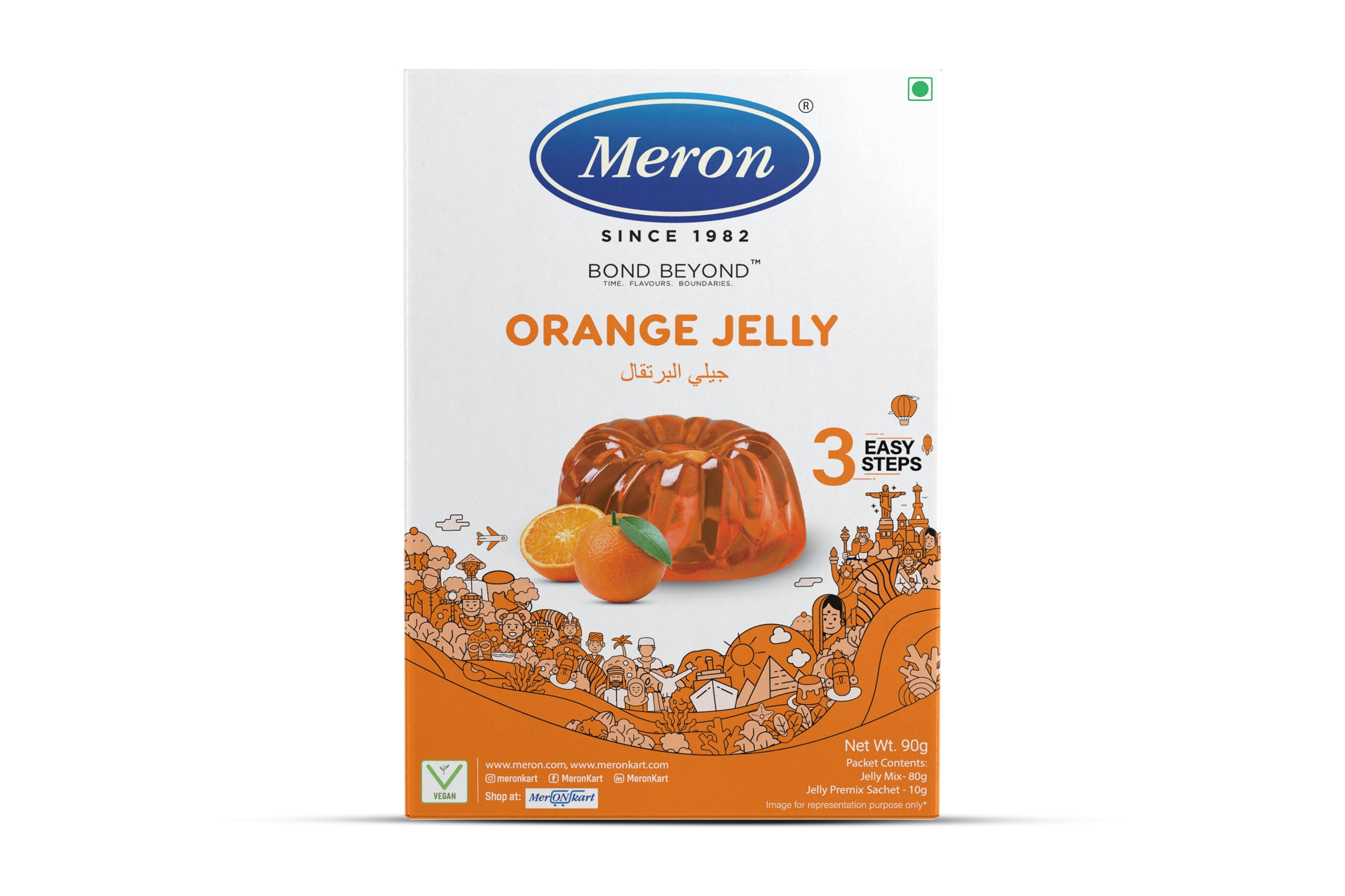 Meron Orange Jelly Premix - 270g | Instant Jelly Dessert Mix | Tangy Orange Flavor | Easy-to-Make Wobbly Jelly Powder | Perfect for Kids, Parties, and Festive Treats | Pack of 3
