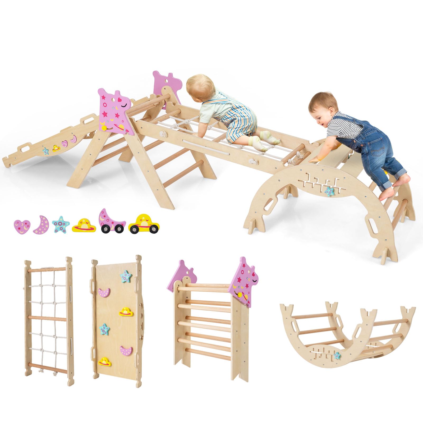 HOMASIS 4 in 1 Arrampicata per Bambini in Legno, Struttura da Scalata con Arco, Rampa, Corda e Scala, Palestra Giochi Educativa per Bambini da 3+ Anni (Naturale, Unicorno)