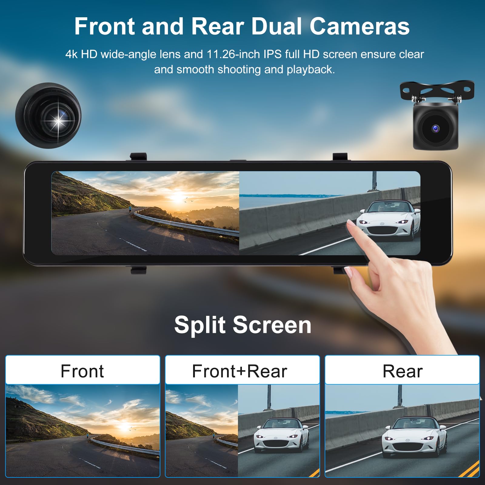 Dash Cam Podofo 9.66” Con CarPlay/Android Auto – Doppia Telecamera, WDR, Bluetooth, FM, Scheda SD 64G Inclusa