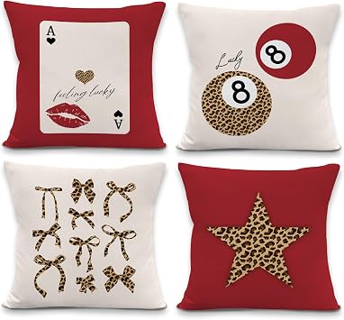 Trendy Retro Red Leopard Throw Pillow Covers 18x18inches Set of 4, Funky Cheetah Decorative Pillowcase Cases, Leopard Coquette Throw Pillow Covers for Girly Room College Dorm Apartment Decor