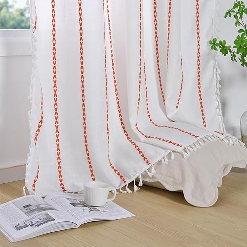 Miniatura 7 de Cortinas de lino bohemias para dormitorio, sala de estar, 96 pulgadas de largo, cortinas semiopacas con 2 panales, panel de cortina de lino y
