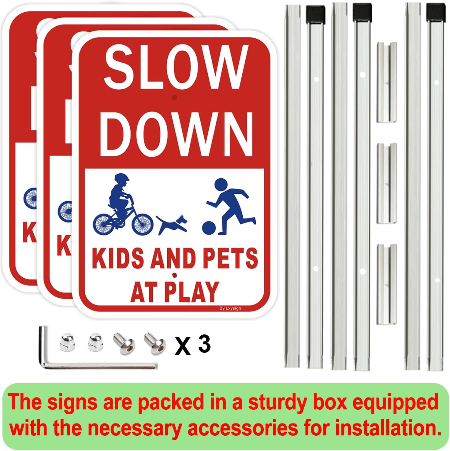 (3Pack) Slow Down Signs for Street with Stake 36" Tall, Kids Playing Sign for Street 14" x 10" Reflective Aluminum, UV Printing, Rust&Fade Resistance, Easy to install