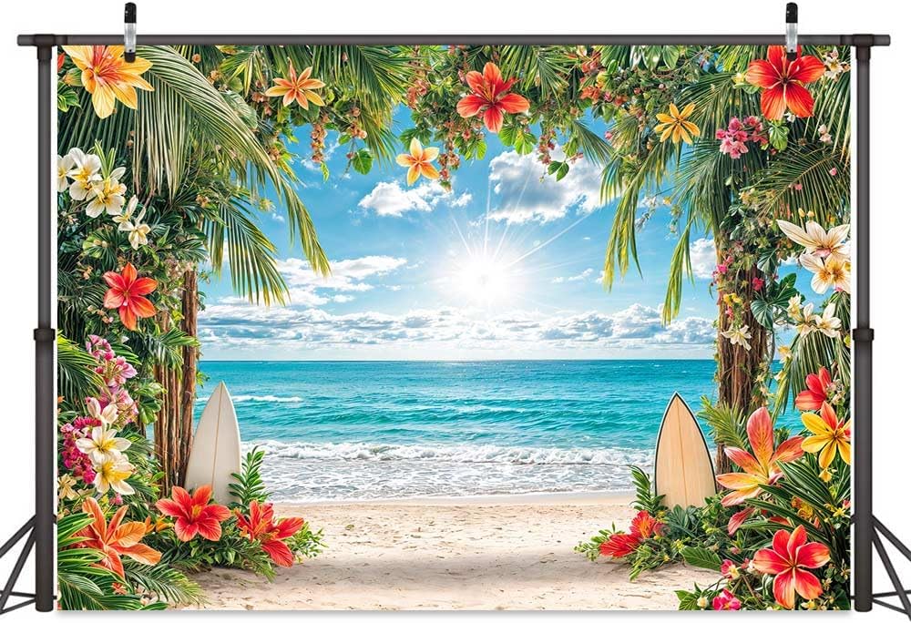 10x8ft Summer Hawaiian Beach Backdrop Tropical Blue Sky Ocean Flower Palm Leaves Surfboard Photography Background for Luau Aloha Wedding Baby Birthday Party Decoration Banner Picture Photo Booth