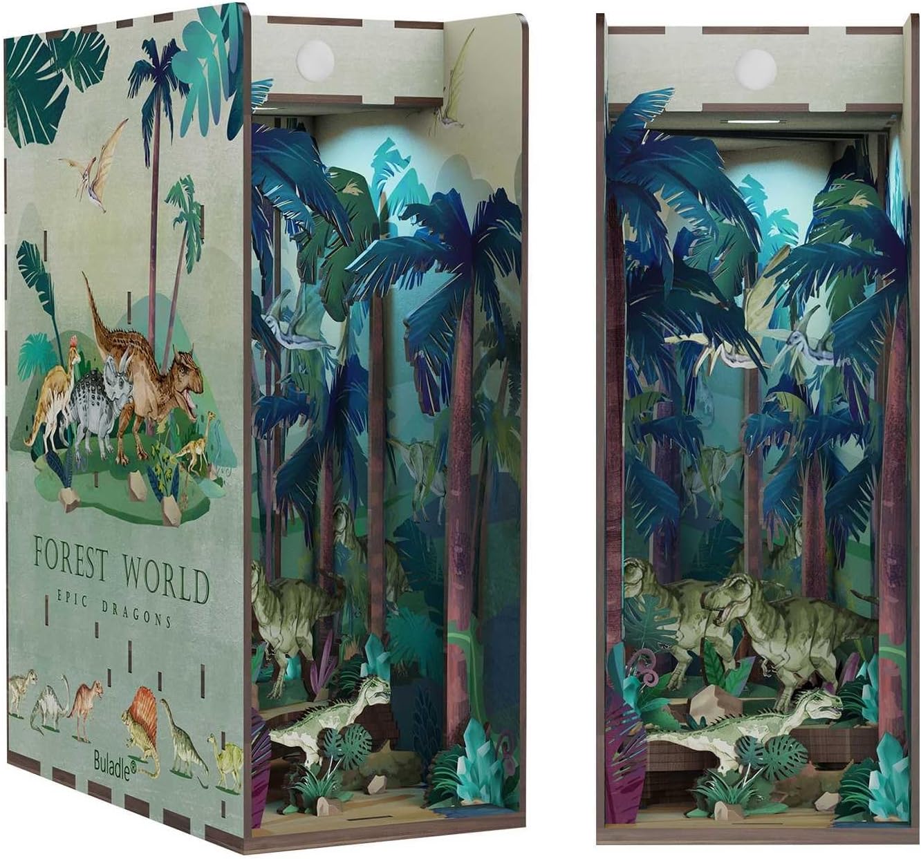 Personalized Book Nook Kit, 3D Wooden Puzzle Bookends with Sensor Light, Dinosaur Manual Model, DIY Gift for Teens