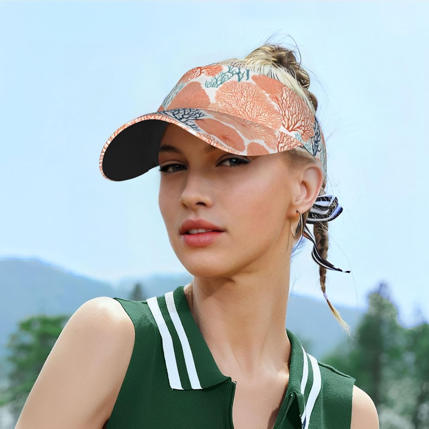 (Coral Reef) Adult Sun Visor Hat Adjustable Open Top Sports Cap Breathable for Men Women Beach Vacation Essentials Black