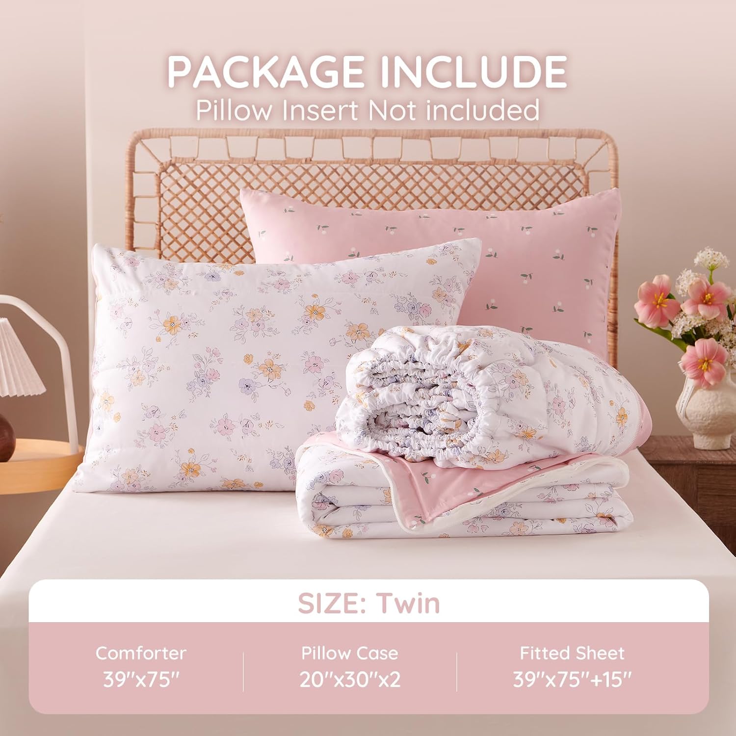Kids Comforter Sets Floral Printed Zipper Bedding Sets for Girls, 3pcs Pink All in one Bed in a Bag, Easy to Make and Wash Includes Fitted Sheet and Pillow Sham, Twin
