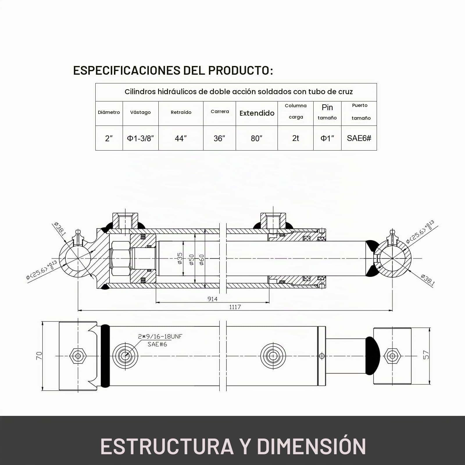 VEVOR Cilindro hidráulico Cilindro de ariete hidráulico de carrera de 2" de diámetro 36" Cilindros hidráulicos de 3000 psi Tubo transversal de doble acción soldado Cilindro de elevación