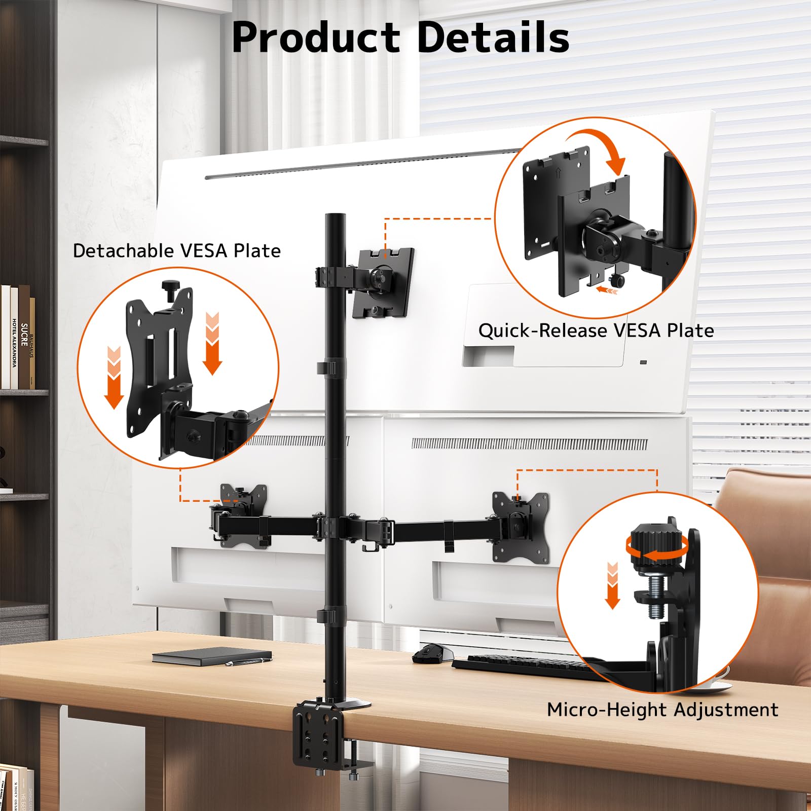 Monitor Halterung 3-Monitore für Max up to 1x49'' und 2x32'' Bildschirm, 80cm Stange Monitor Tischhalterung, Schwenkbar Neigbar Höhenverstellbar, VESA 75x75/100x100, Schwarz