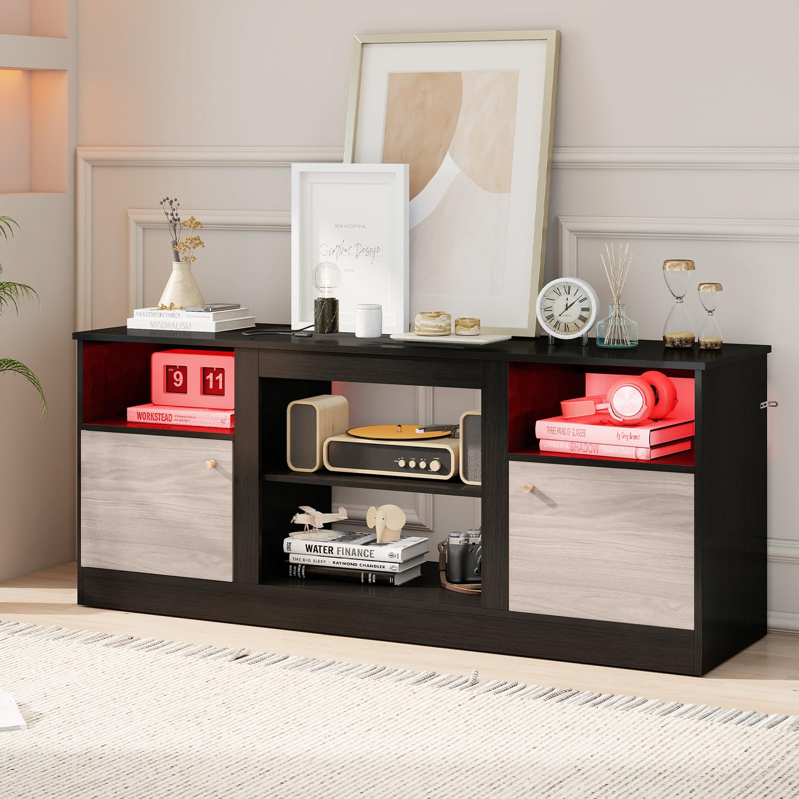 COSTWAY TV-Schrank mit LED-Lichtern für 65" Fernseher, Fernsehschrank mit verstellbarem Regal & offenem Fach für Einbaukamin, TV Lowboard für Wohnzimmer & Schlafzimmer, Schwarz
