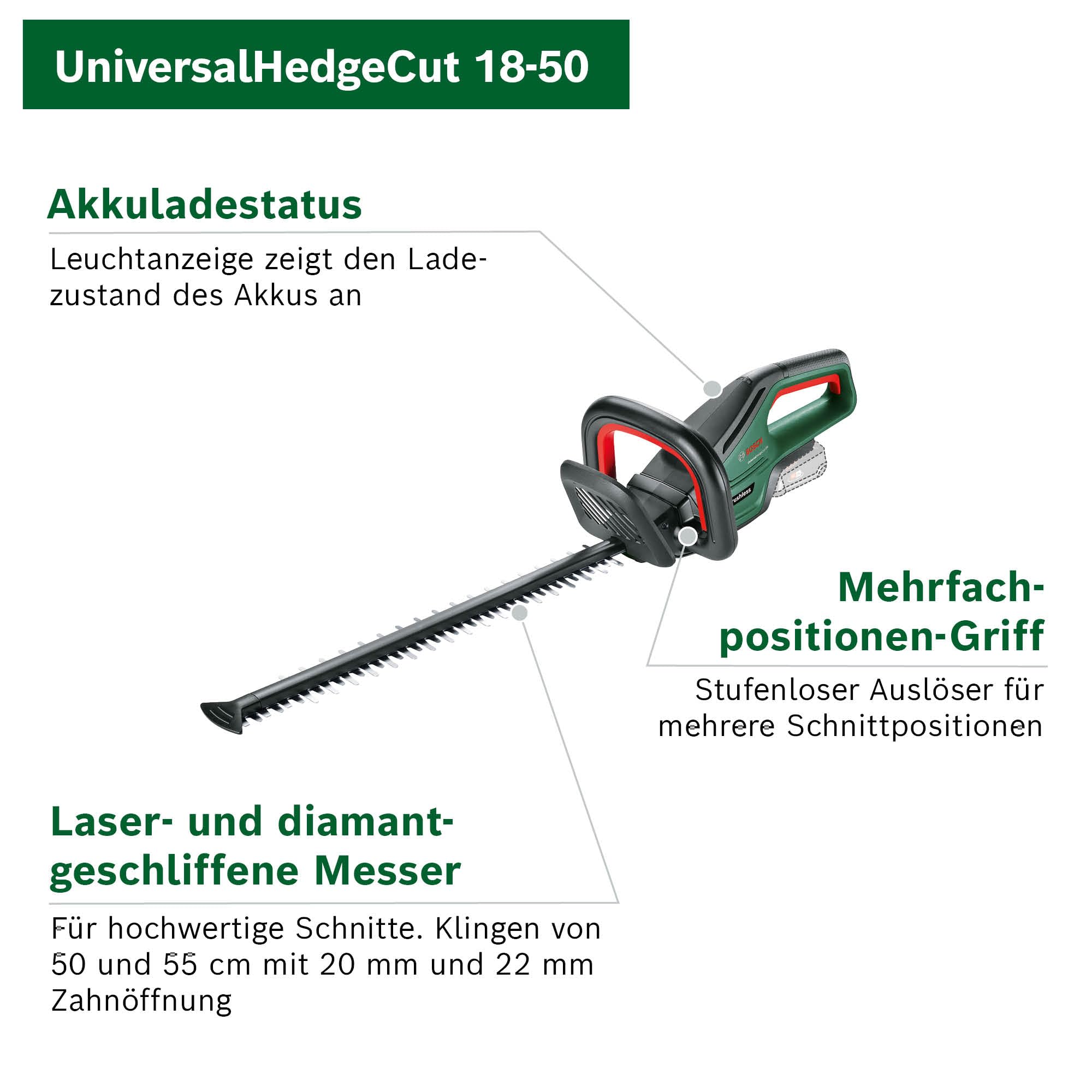 Bosch Akku-Heckenschere UniversalHedgeCut 18V-50 (ohne Akku, 18-Volt-System, Messerlänge 50 cm, im Karton)