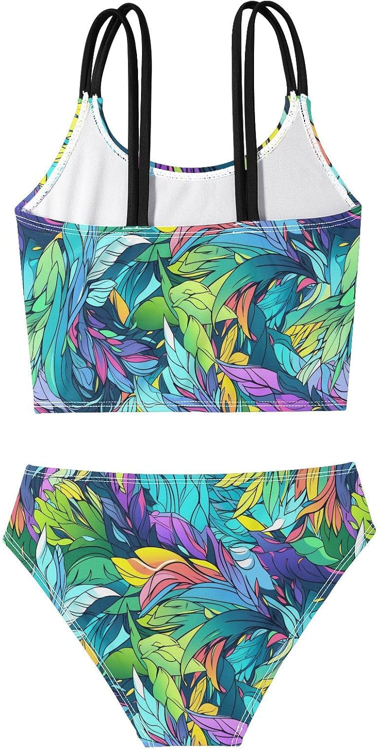 visesunny Girls Two Piece Swimsuits Feather Grass Pattern Girl's Bikini Sets Bathing Suits for Girls Size 5-12Y