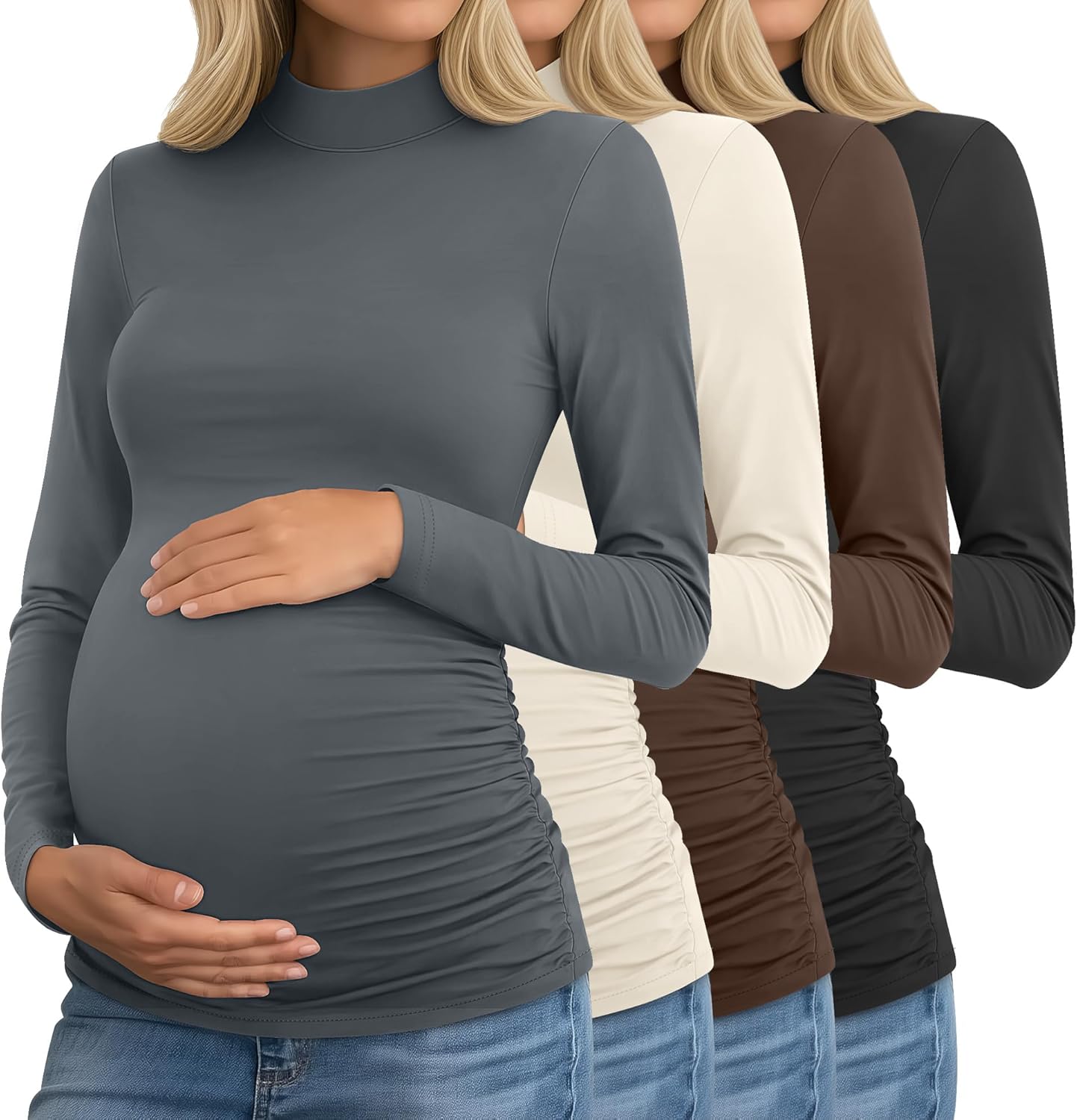 Riyiper 4 Pack Women's Maternity Turtleneck Shirts Long Sleeve Pregnancy Tops Ruched Sides Pregnant Tees Mama Clothes