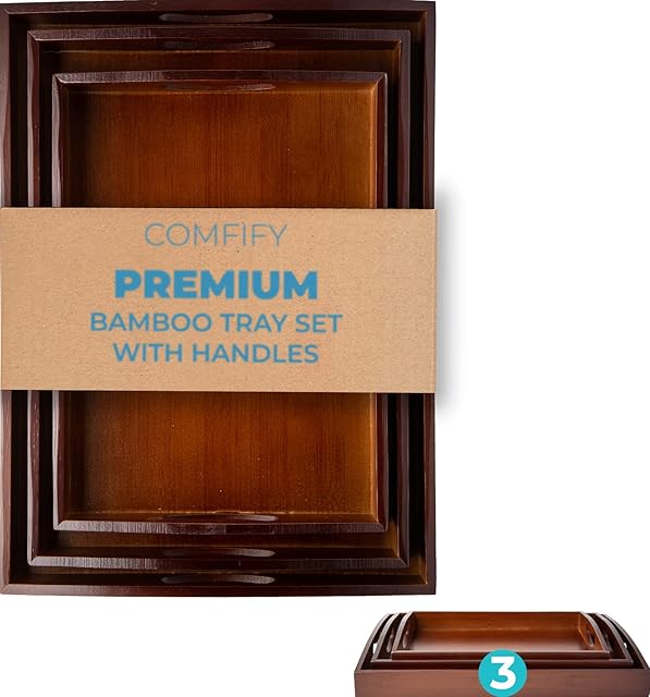 Comfify Bamboo Serving Trays with Handle  Set of 3 Wooden Trays That Nest  Large, Medium and Small Tray for Food, Ottoman Décor & More  100% Eco-Friendly Bamboo Trays for Breakfast - Brown