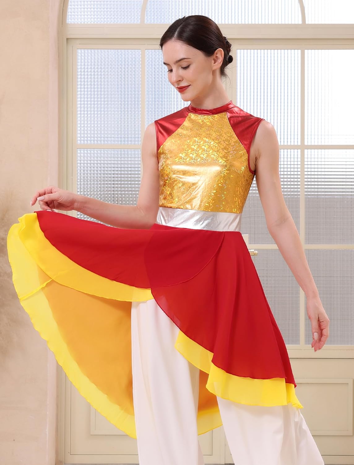 AFAVOM Metallic Color Block Praise Dance Overlay Dress for Women Asymmetrical Ruffle Worship Tunic Dress Liturgical Dancewear