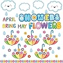 Spring Bulletin Board Decorations for Classroom - April Showers Bring May Flowers Cloud Cutouts with Glue Points for Spring Home School Wall Door Decorations